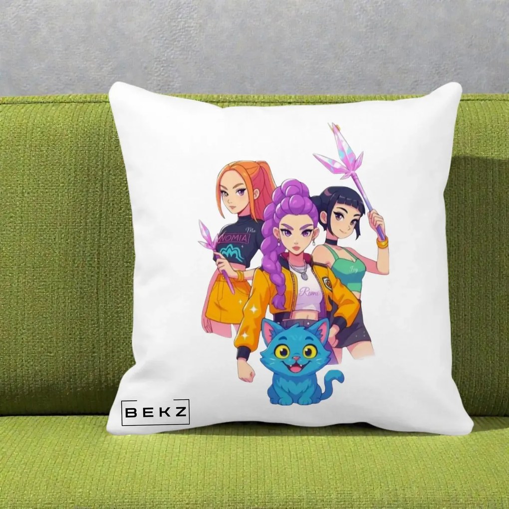 Perna Personalizata K-pop HUNTRX Trio cu Pisica si Cristale, 40x40 cm, Alba Mata, Husa Detasabila, Perna Inclusa, BEKZ®