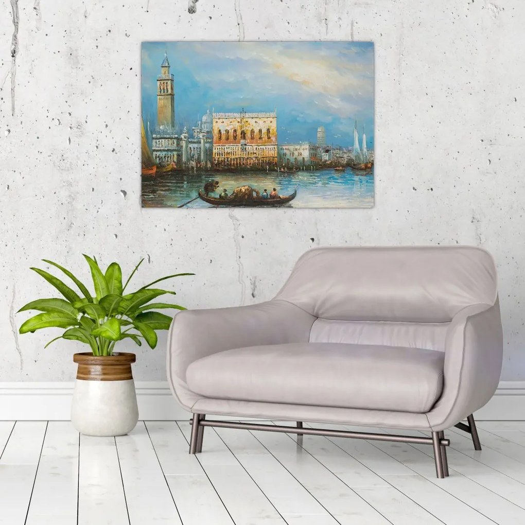 Tablou pe sticlă - Gondola care trece prin Veneția, pictură în ulei (70x50 cm)