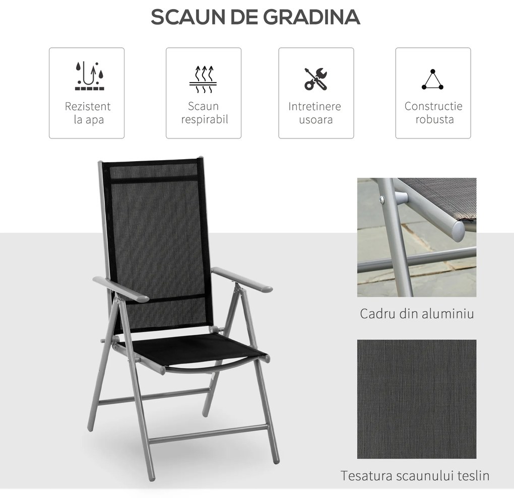 Outsunny Scaun de Grădină Pliabil cu Spătar Reglabil din Aluminiu, 65x55x107 cm, Negru | Aosom Romania