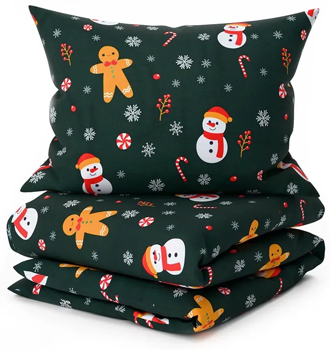 Lenjerie de pat de flanel din microfibra SNOWMAN AND GINGERBREAD verde Dimensiune lenjerie de pat: 2 buc 70 x 90 cm | 200 x 220 cm