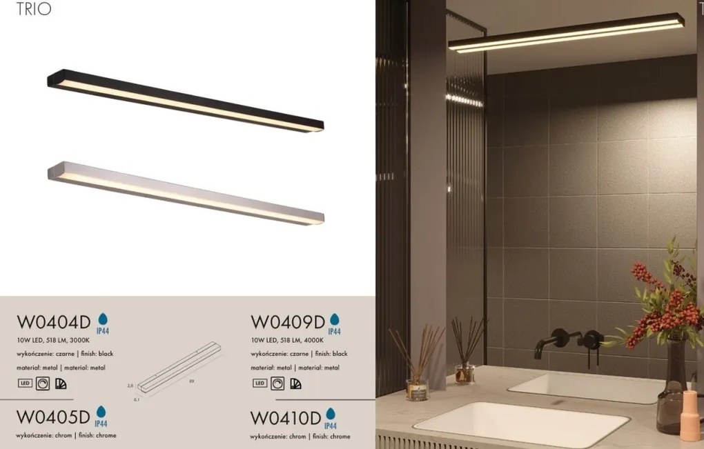 Aplica baie liniara LED Trio 10W, Negru, IP44, 4000K