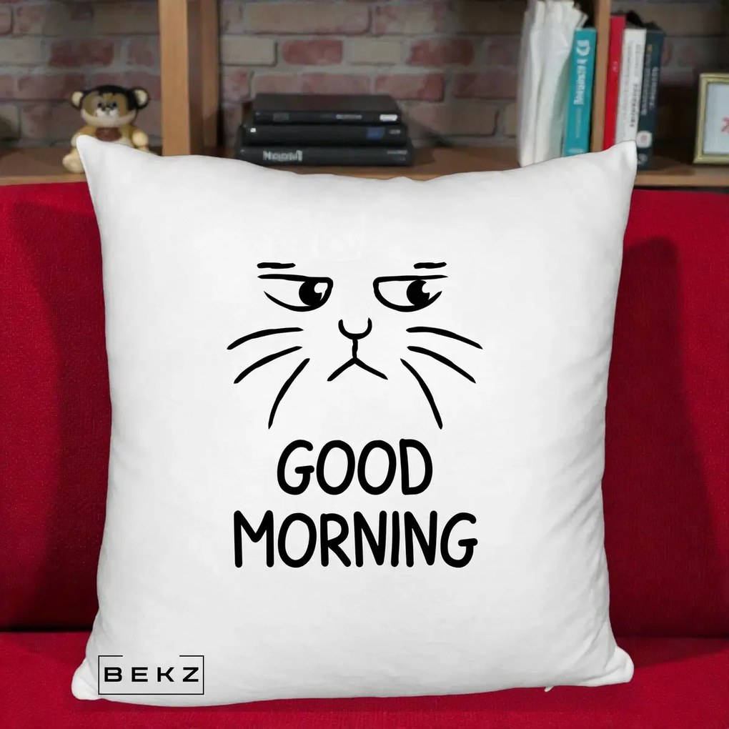 Perna Decorativa Pisica Morocanoasa Good Morning, 40x40 cm, Alb Pufos, Husa Detasabila, Perna Inclusa, BEKZ®