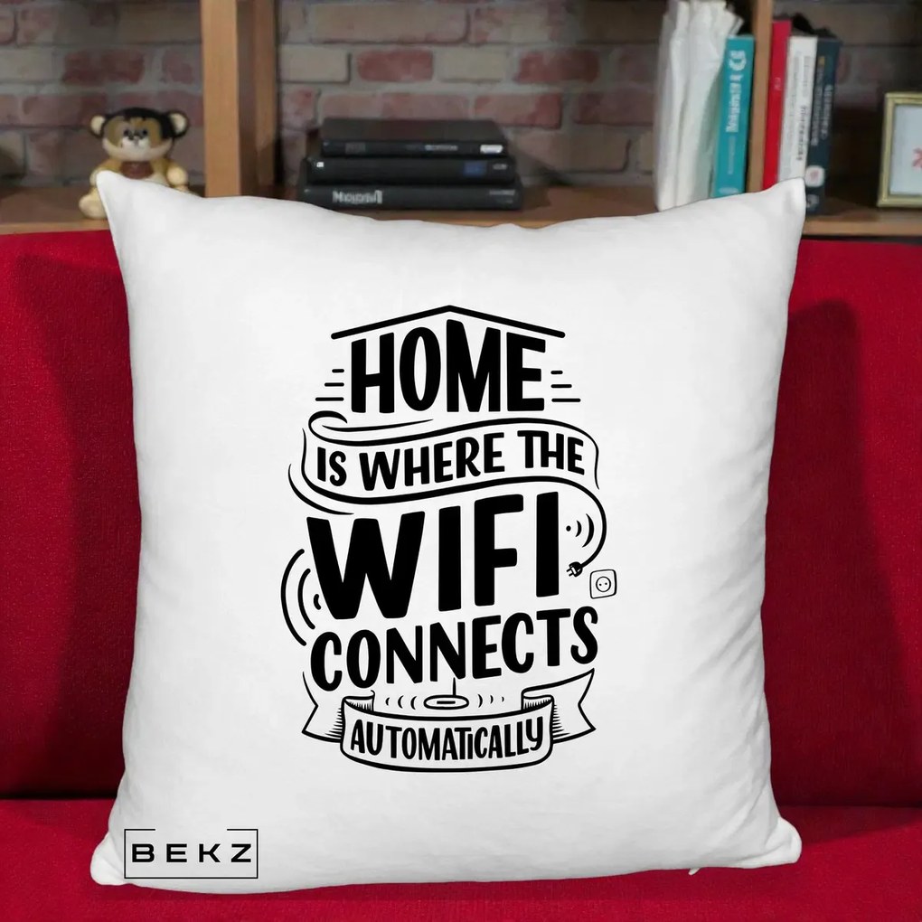 Perna Decorativa Home Is Where WiFi Connects, 40x40 cm, Alb Pufos, Husa Detasabila, Perna Inclusa, BEKZ®
