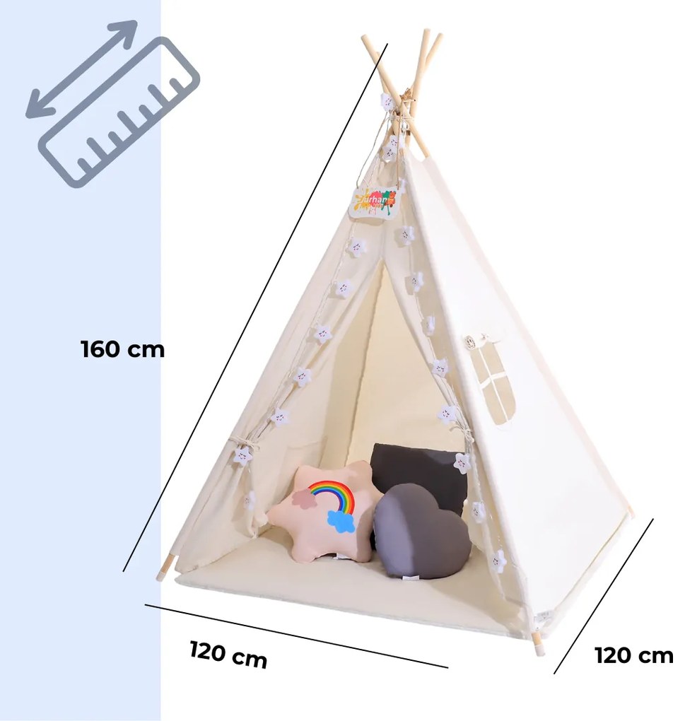Jurhan Cort tip teepee pentru copii JULIUS, 120x120x160cm, alb/gri