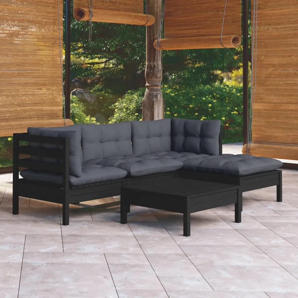 3096356 vidaXL Set mobilier grădină cu perne, 5 piese, negru, lemn de pin