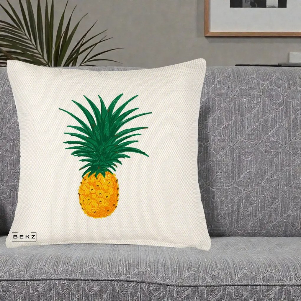 Perna Decorativa Ananas Tropical, 40x40 cm, Crem Reliefat, Husa Detasabila, Perna Inclusa, BEKZ®