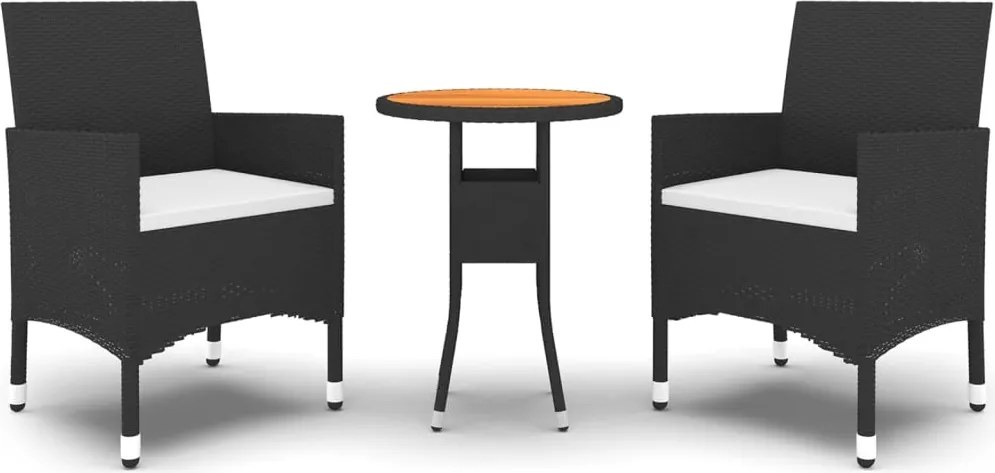 vidaXL Set bistro de grădină, 3 piese, negru, poliratan și lemn masiv