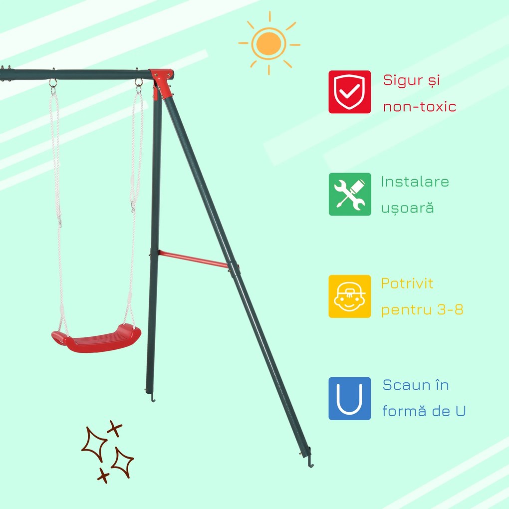 Outsunny Leagăn Dublu pentru Copii 3+ Ani cu Structură din Metal, Leagăn de Grădină cu Coardă Reglabilă, Joc de Exterior, Max 45 kg, 239x156x180 cm, Verde și Roșu | Aosom Romania