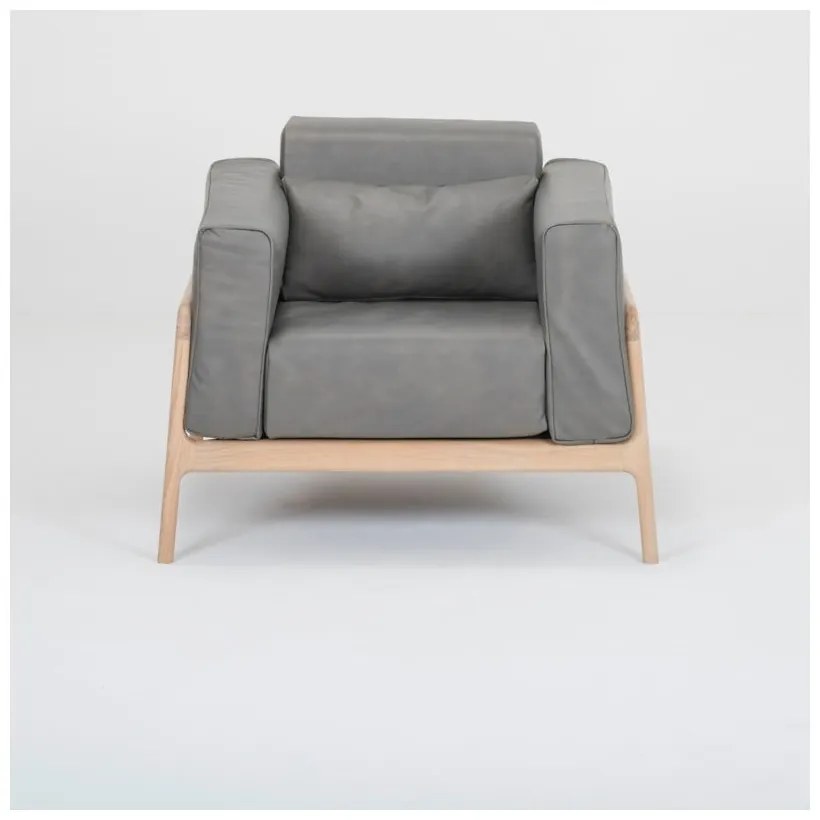 Fotoliu din piele bovină cu structură din lemn masiv de stejar Gazzda Fawn, gri închis