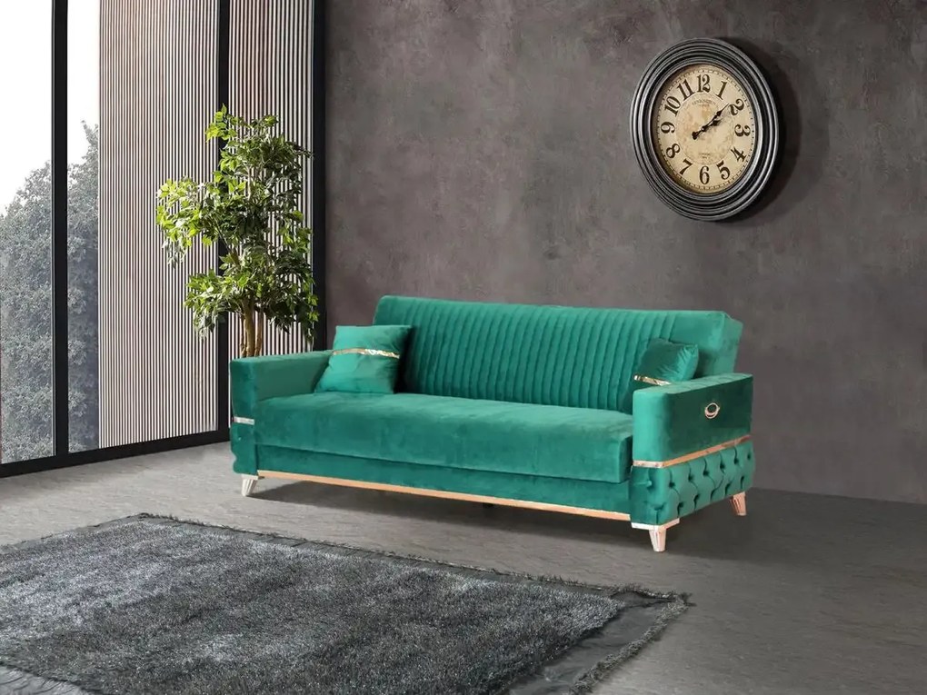 Canapea extensibila cu lada de depozitare 220x90x97 cm – stofa verde, detalii aurii –  Vegas