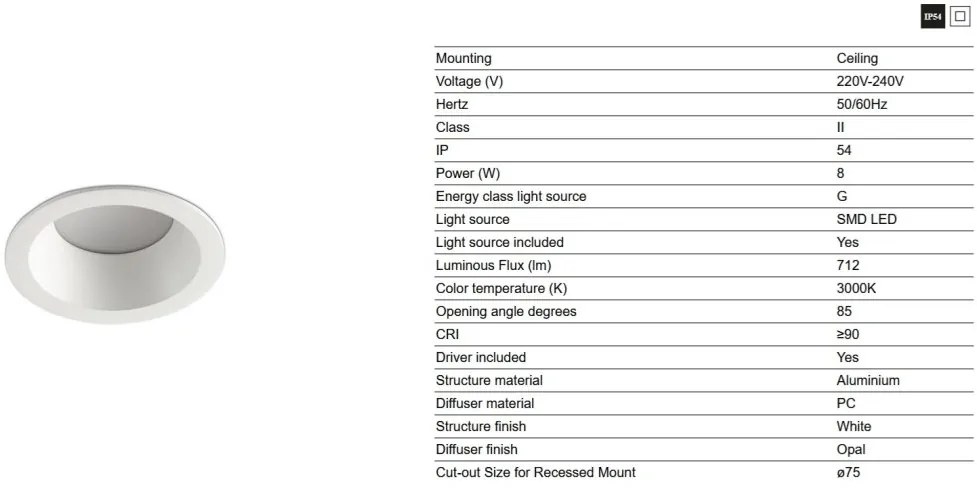 Spot LED baie incastrabil tavan IP54 DOP 8W 3000K alb
