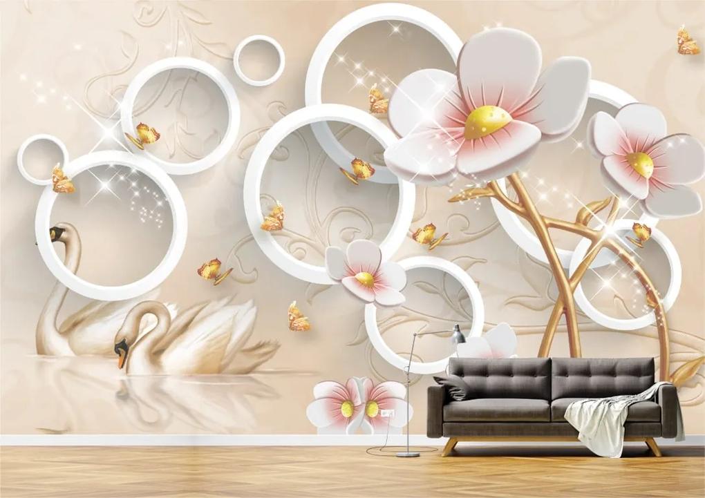 Tapet Premium Canvas - Abstract lebede si flori albe