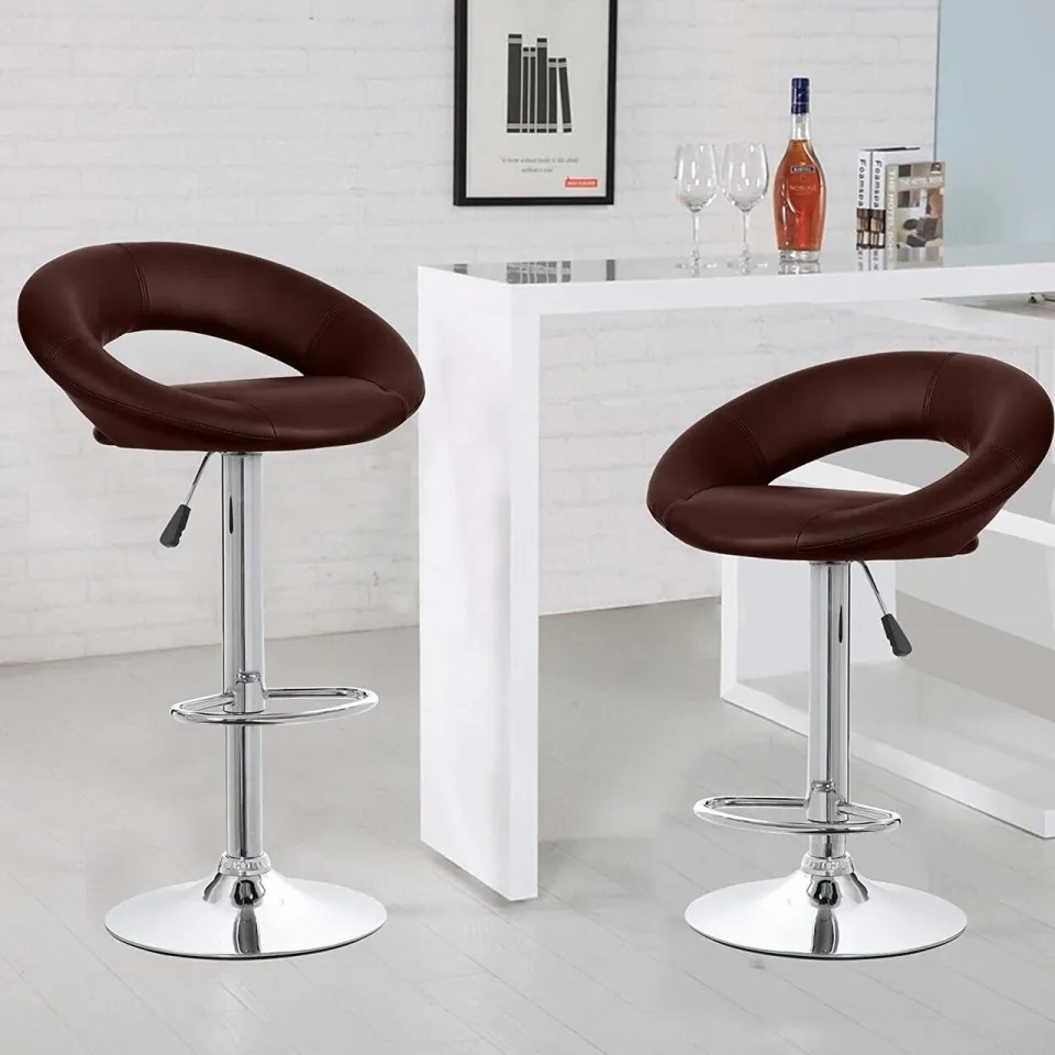 Set 2 scaune bar, Bedora Oval, piele ecologica, maro