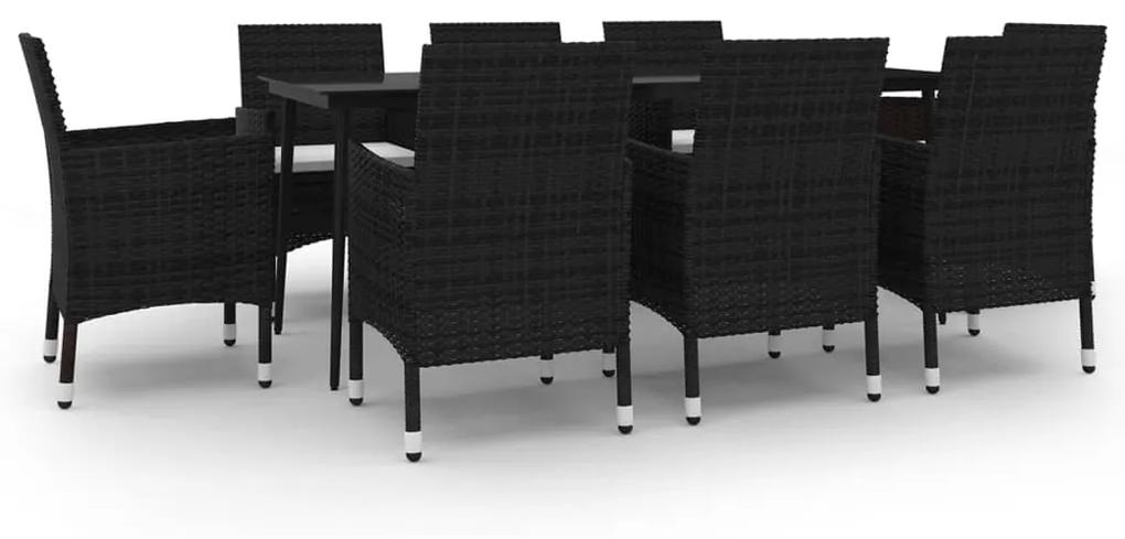 Set mobilier de gradina cu perne, 9 piese, poliratan si sticla Alb si negru, Lungime masa 200 cm, 9