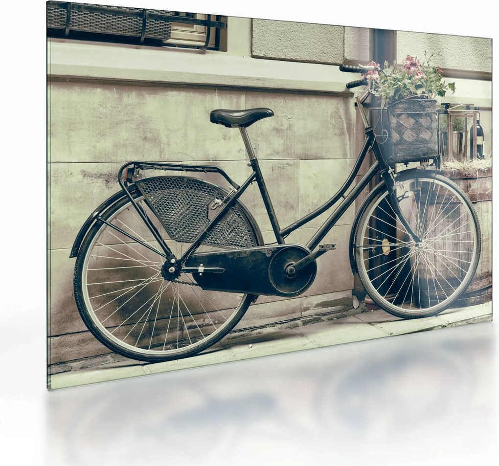 Tablou pe sticlă - Bicicleta de epocă cu flori (70x50 cm)