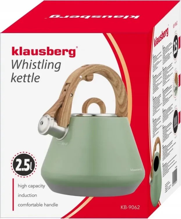 Ceainic cu fluier Klausberg KB 9062, 2,5 l, Otel inoxidabil, Maner care nu se incalzeste, Toate plitele inclusiv inductie, Verde