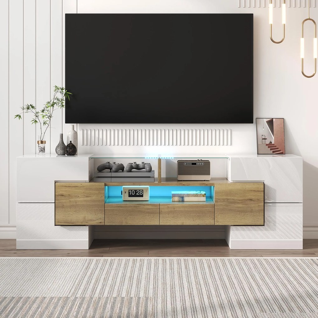 Dulap TV cu iluminare LED, suprafețe din sticlă, cu 6 uși, 2 sertare și 3 compartimente, 145x30x51 cm, Alb+Natur.