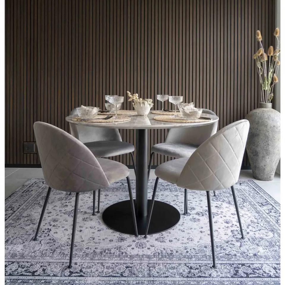 Masa dining rotunda cu blat aspect marmura alba si picior negru 110cm Bolzano