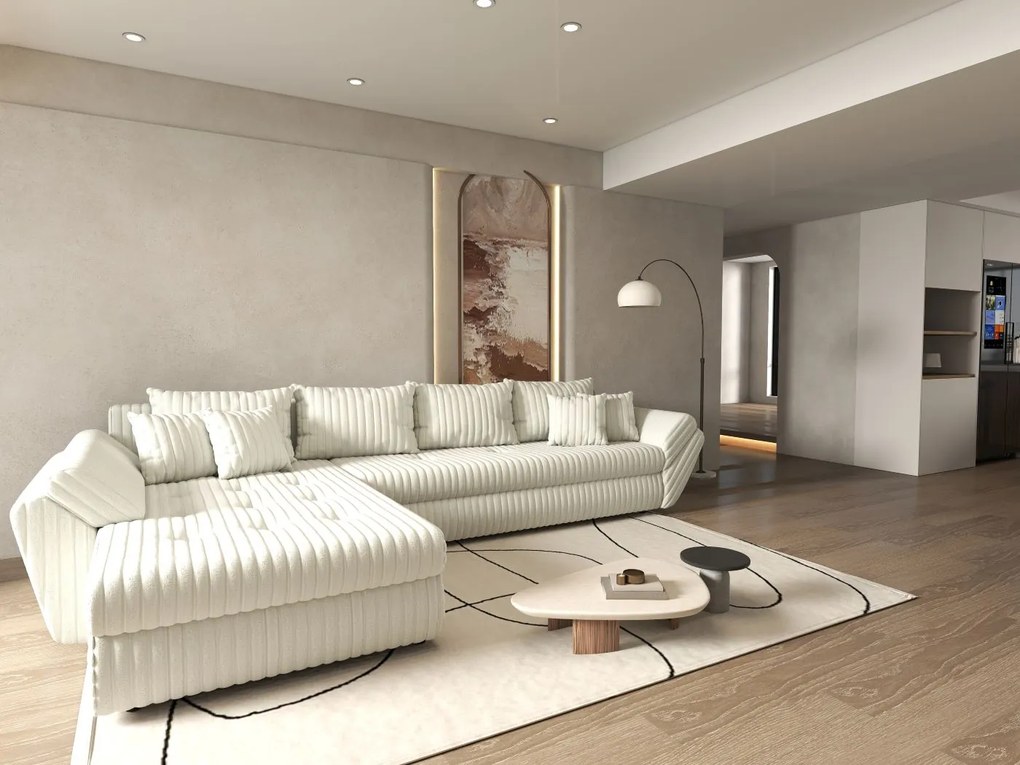 Colțar extensibil dumonde cu ladă de depozitare si sezut confortabil din spuma high-density, Loana XL Ambience Ivory 335x185 cm