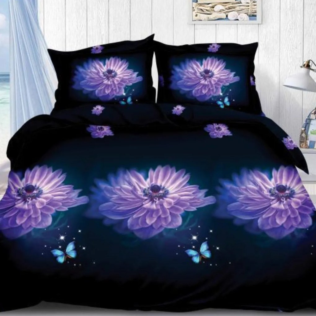 Lenjerie de pat 3D, bumbac satinat, pat 2 persoane, violet / bleumarin, 4 piese, D-325
