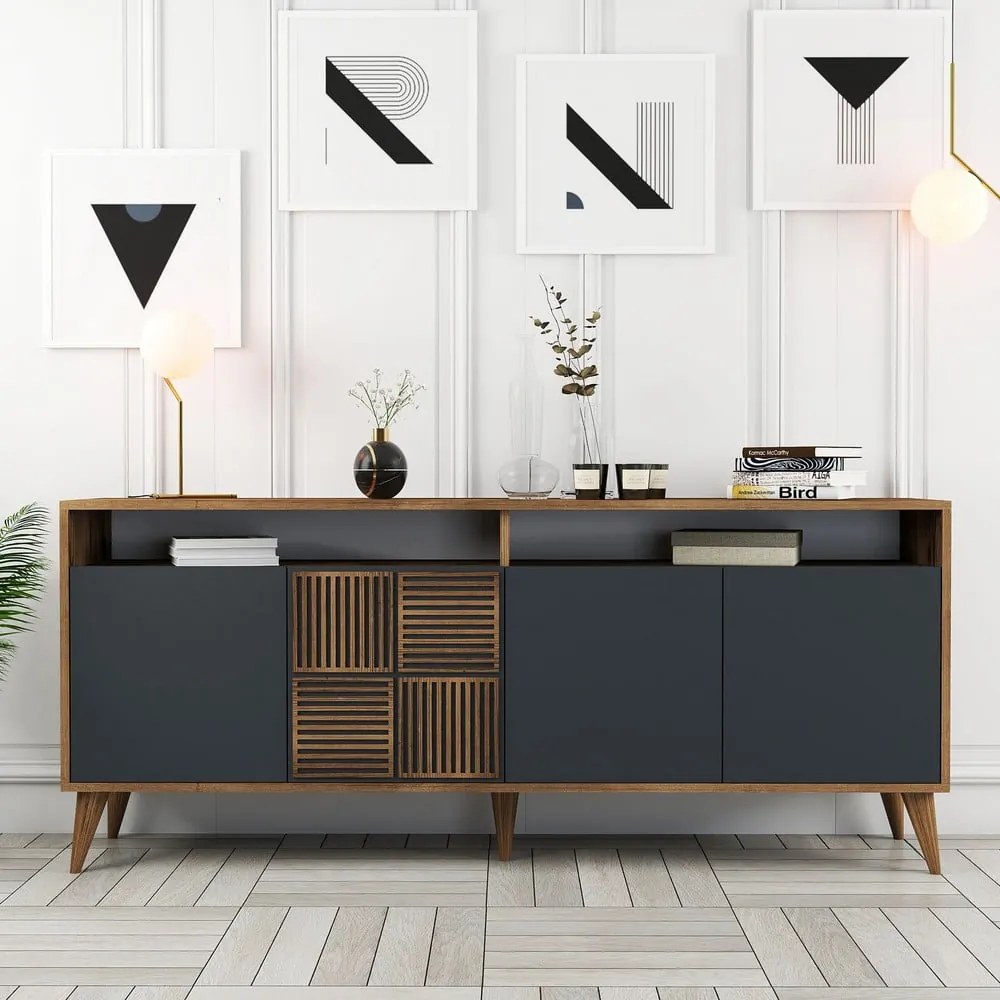 Comodă gri antracit/în culoare naturală joasă cu aspect de lemn de nuc 180x79 cm Milan – Kalune Design