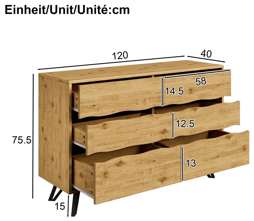 Comodă cu 6 sertare, picioare metalice, mult spațiu de depozitare, 120x40x75,5 cm, Culoare naturală
