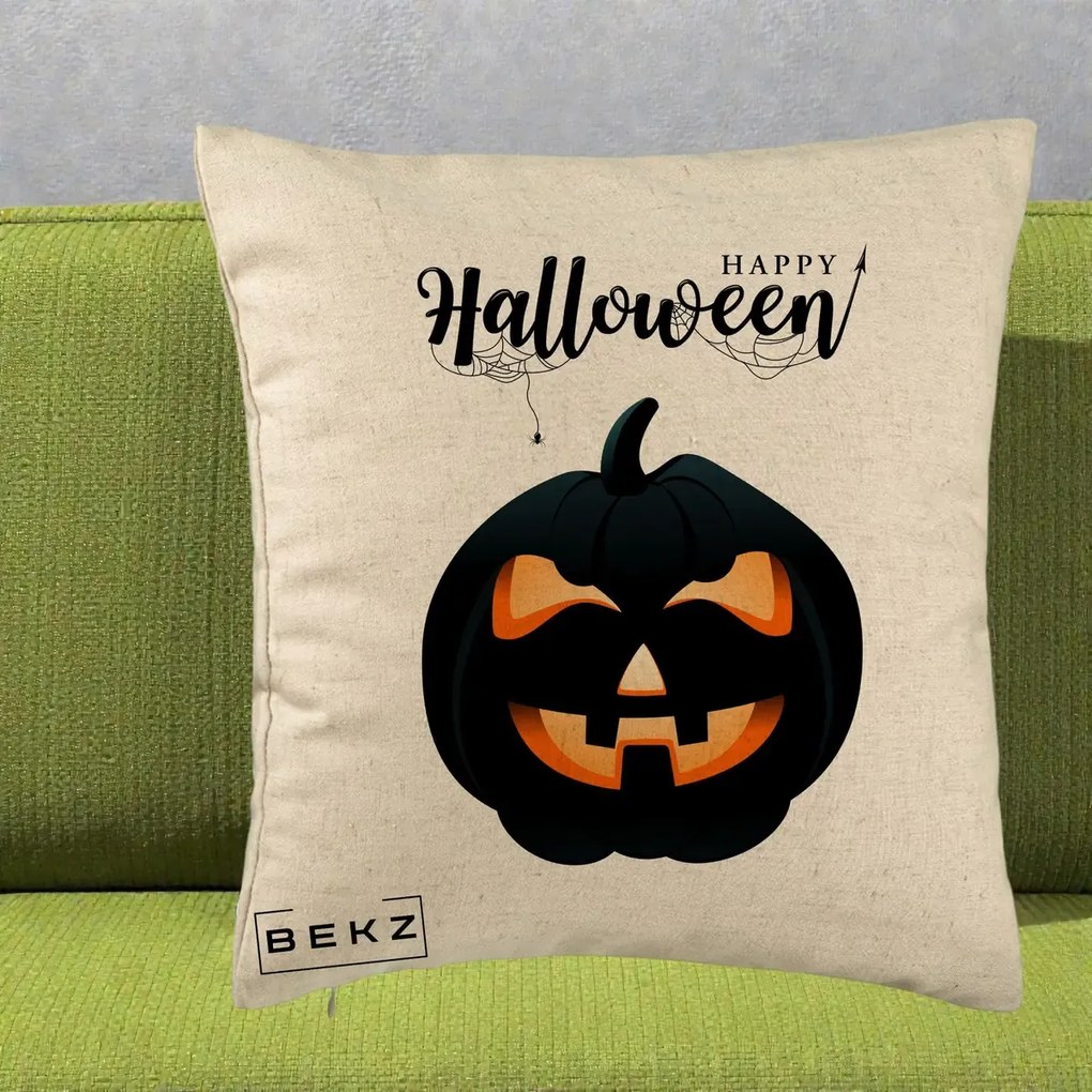 Perna Decorativa Happy Halloween Dovleac Negru cu Paianjen, 40x40 cm, Bej, Husa Detasabila, Perna Inclusa, BEKZ®