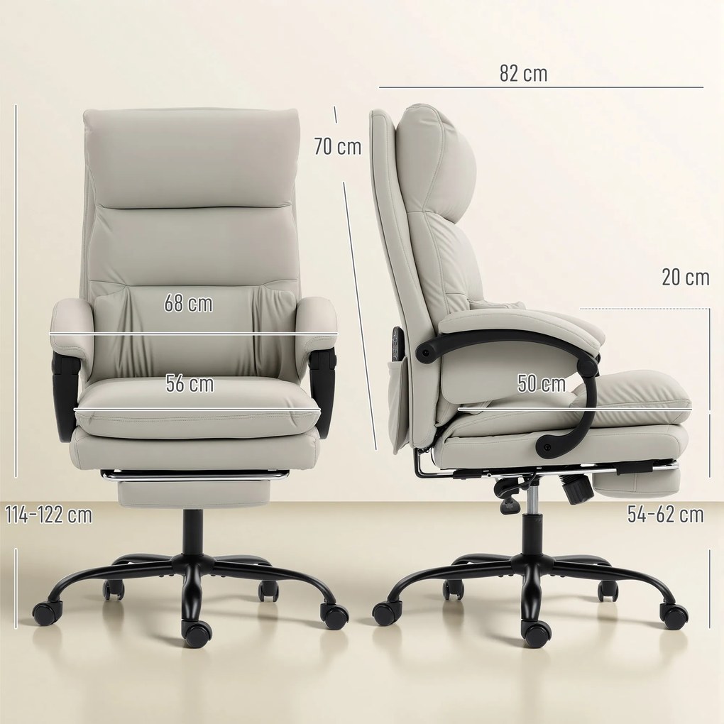 HOMCOM Scaun de Birou cu Masaj la 6 Puncte și Funcție de Încălzire, Reglabil 135° din Piele PU cu Suport pentru Picioare, Brațe Tapițate, Înălțime Reglabilă, Spătar Înalt, Gri Deschis | Aosom Romania