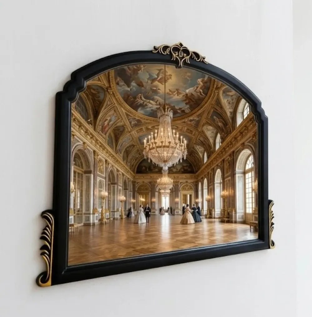 Oglindă decorativă de perete, ramă negru-auriu antichizată, 65x90 cm