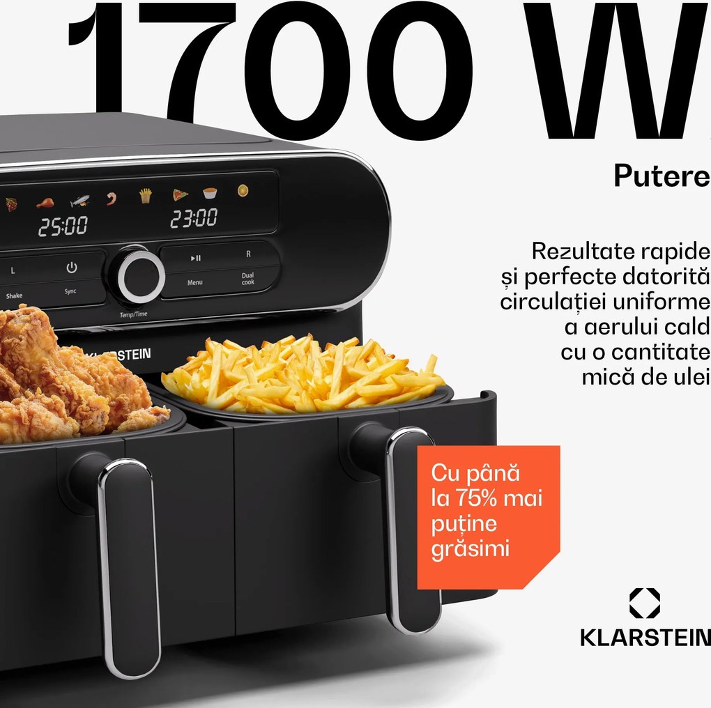 Klarstein Friteuză cu aer cald AuraAir Color Touch, 2 camere, 11 l, 1700 W, 80 - 200 °C, 8 programe