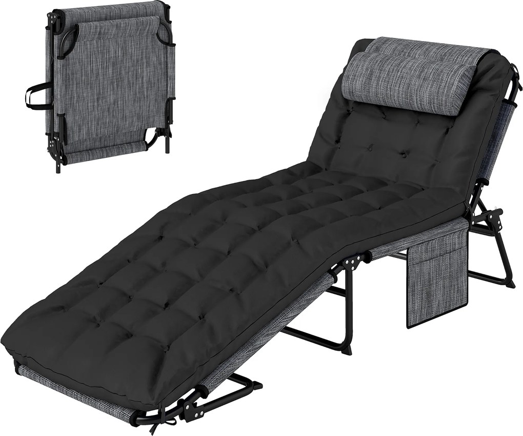 Outsunny Șezlong pliabil pentru grădină cu pernă, spătar reglabil în 4 poziții, buzunar lateral, negru | Aosom Romania