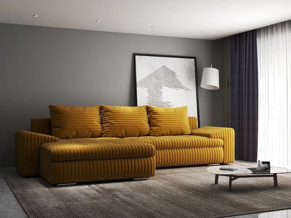 Colțar extensibil dumonde cu ladă de depozitare si sezut confortabil din spuma high-density, Leonardo Ambience Mustar 260x185 cm