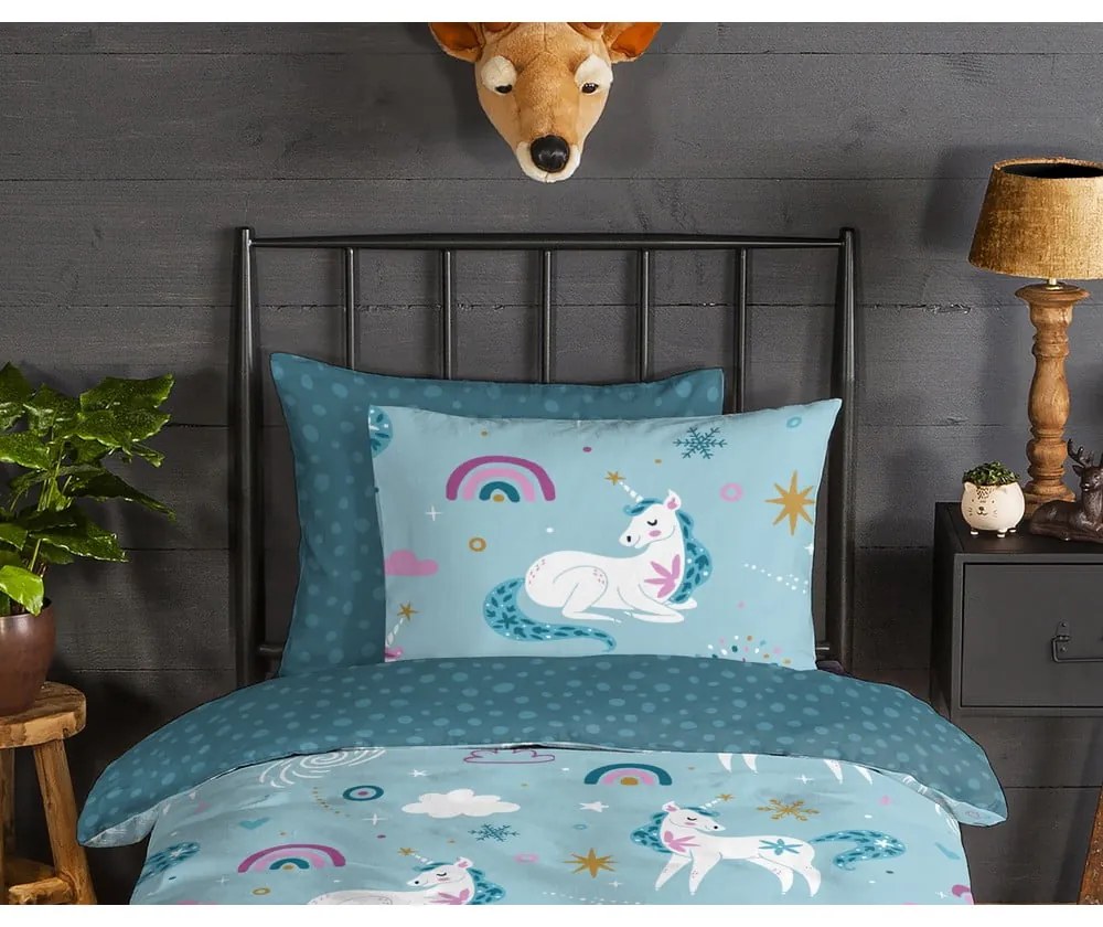 Lenjerie de pat pentru copii albastră din flanelă pentru pat de o persoană, extinsă 140x220 cm Snowycorn – Good Morning