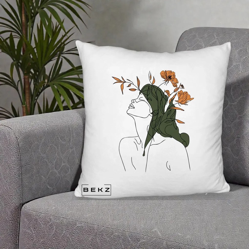 Perna Decorativa Portret Feminin Profil Flori Portocalii, 40x40 cm, Alb Pufos, Husa Detasabila, Perna Inclusa, BEKZ®