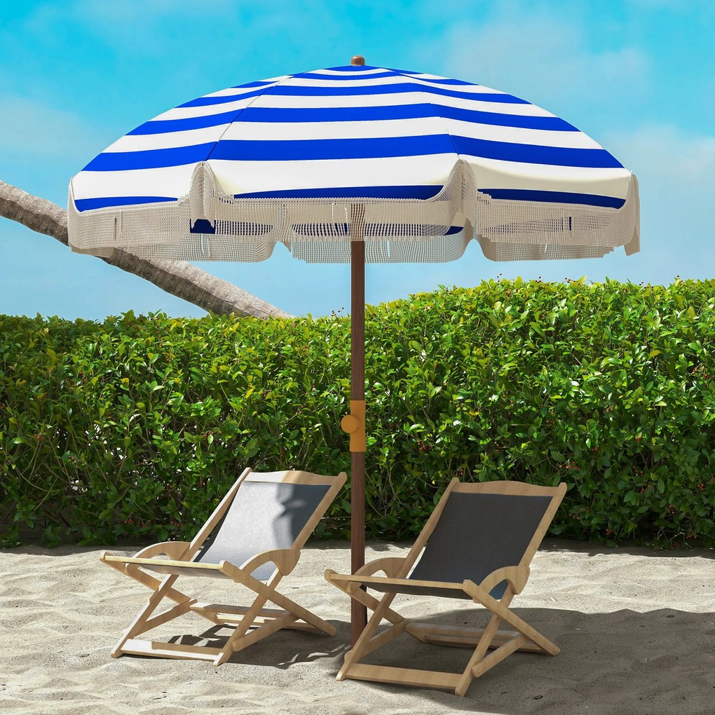 Outsunny Umbrelă de Plajă cu Franjuri Ø190x210 cm cu Protecție UV40+ Rezistentă la Vânt Impermeabilă Husă de Transport Albastru și Alb | Aosom Romania