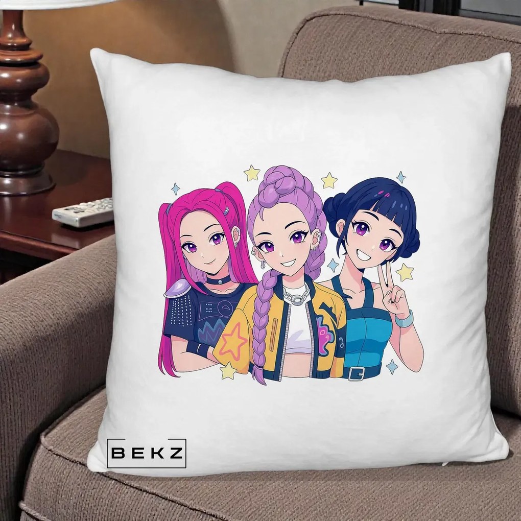 Perna Personalizata K-pop HUNTRX Trio Anime Stele, 40x40 cm, Alb Pufos, Husa Detasabila, Perna Inclusa, BEKZ®