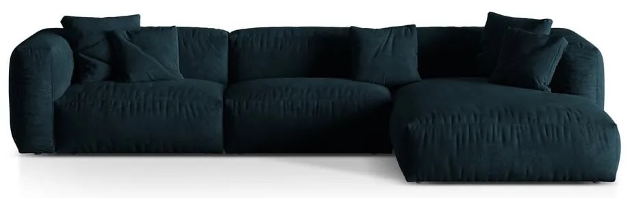Colțar modular albastru închis cu tapițerie din catifea (cu colț pe partea dreaptă/cu șezlong) Martina – Micadoni
