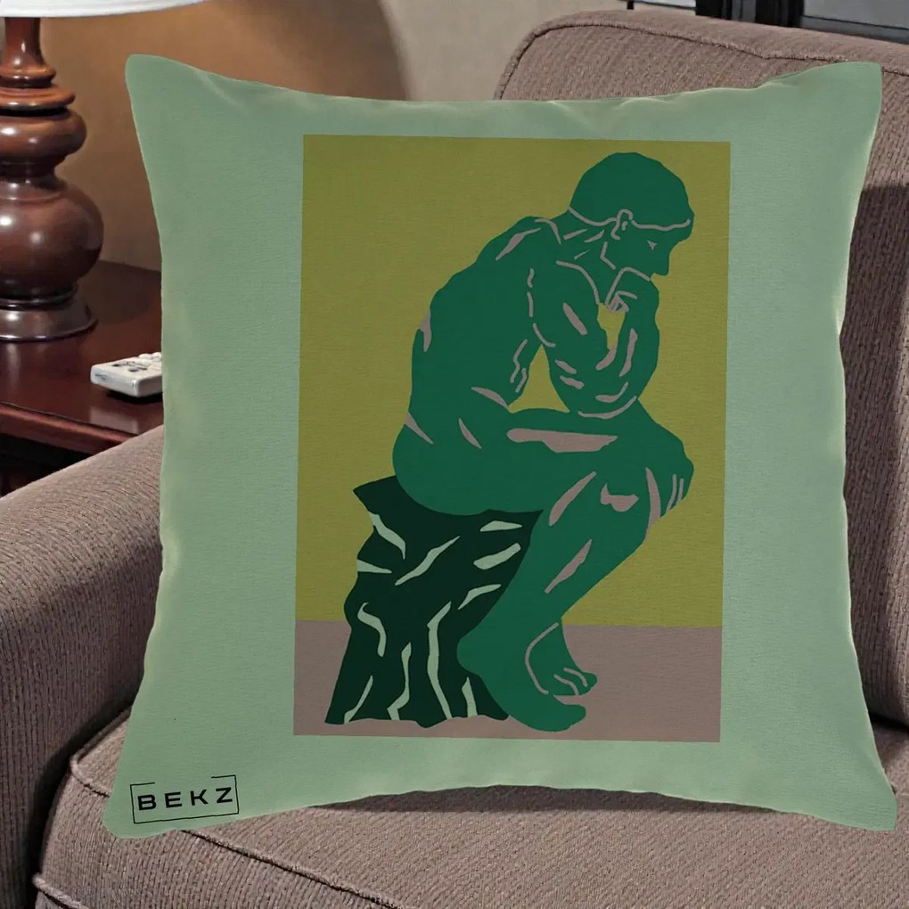 Perna Decorativa Ganditorul Sculptura Pop Art, 40x40 cm, Verde, Husa Detasabila, Perna Inclusa, BEKZ®