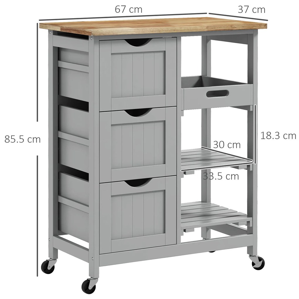 HOMCOM Carucior Auxiliar cu Roti Carucior de Bucatarie cu 3 Sertare 2 Rafturi Deschise si Tava Detasabila 67x37x85,5 cm Gri | Aosom Romania