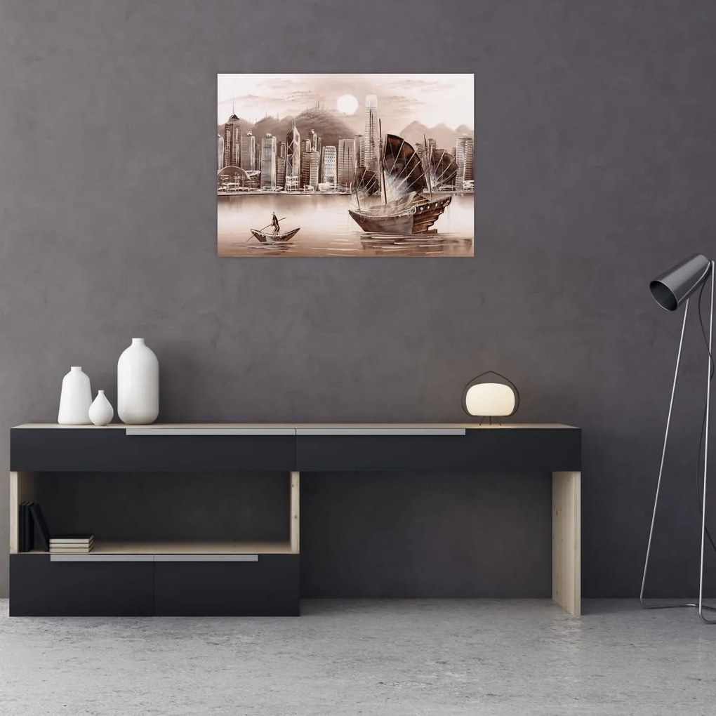 Tablou pe sticlă - Victoria Harbour, Hong Kong, efect sepia (70x50 cm)