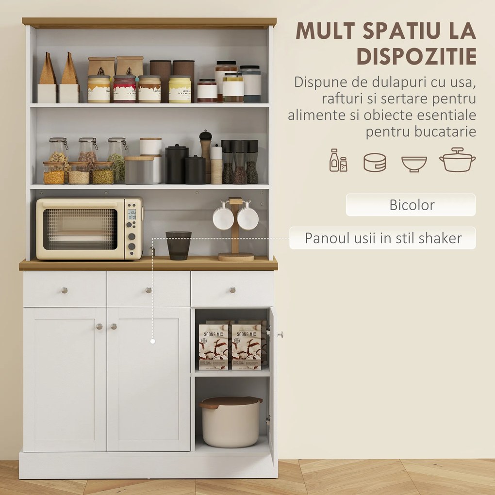 HOMCOM Bufet de Bucătărie cu 3 Compartimente Deschise, 101x39x180,5 cm, Alb | Aosom Romania