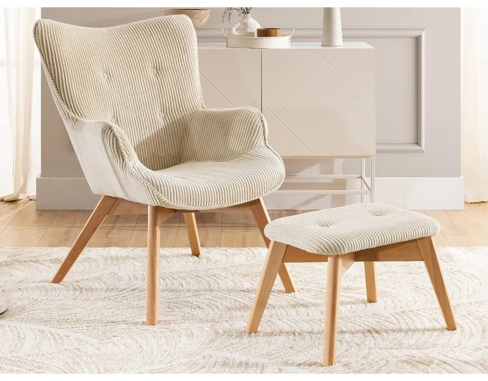 Fotoliu cu taburet bej cu tapițerie din catifea reiată Niko – Ropez