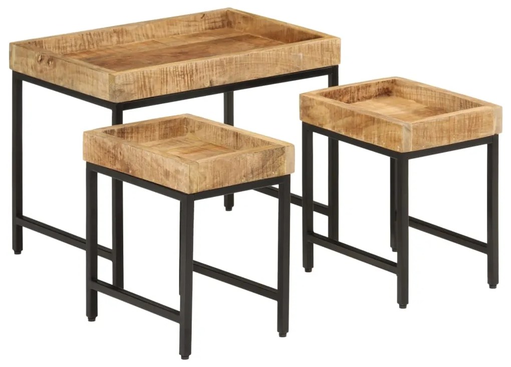 vidaXL Măsuțe de cafea suprapuse, 3 buc., lemn masiv mango brut/fier