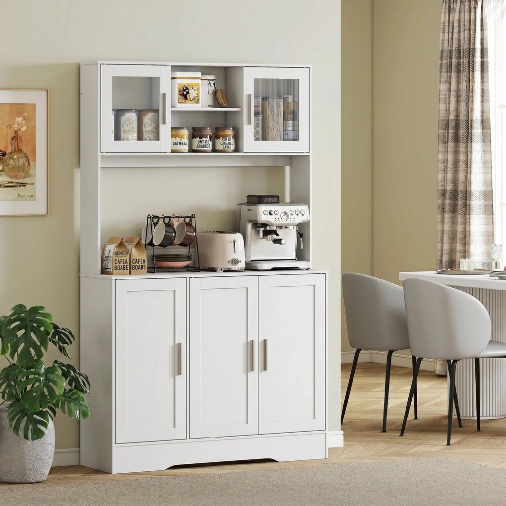 HOMCOM Dulap Bucătărie de 180cm, Dulap Înalt cu 4 Compartimente, Uși din Sticlă Securizată, 2 Rafturi Deschise, Rafturi Reglabile, Blat pentru Electrocasnice, pentru Bucătărie sau Living, Alb | Aosom Romania