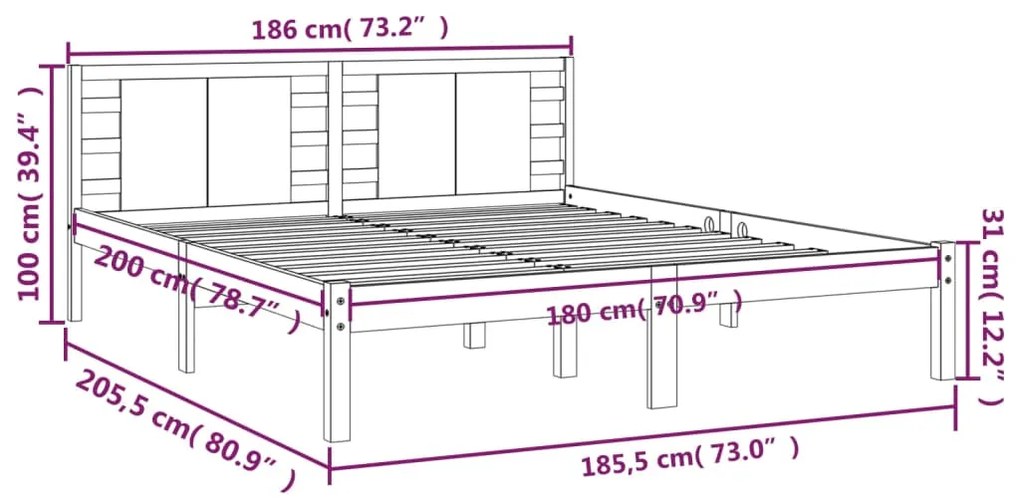 Cadru de pat Super King 6FT, alb, 180x200 cm, lemn masiv Alb, 180 x 200 cm