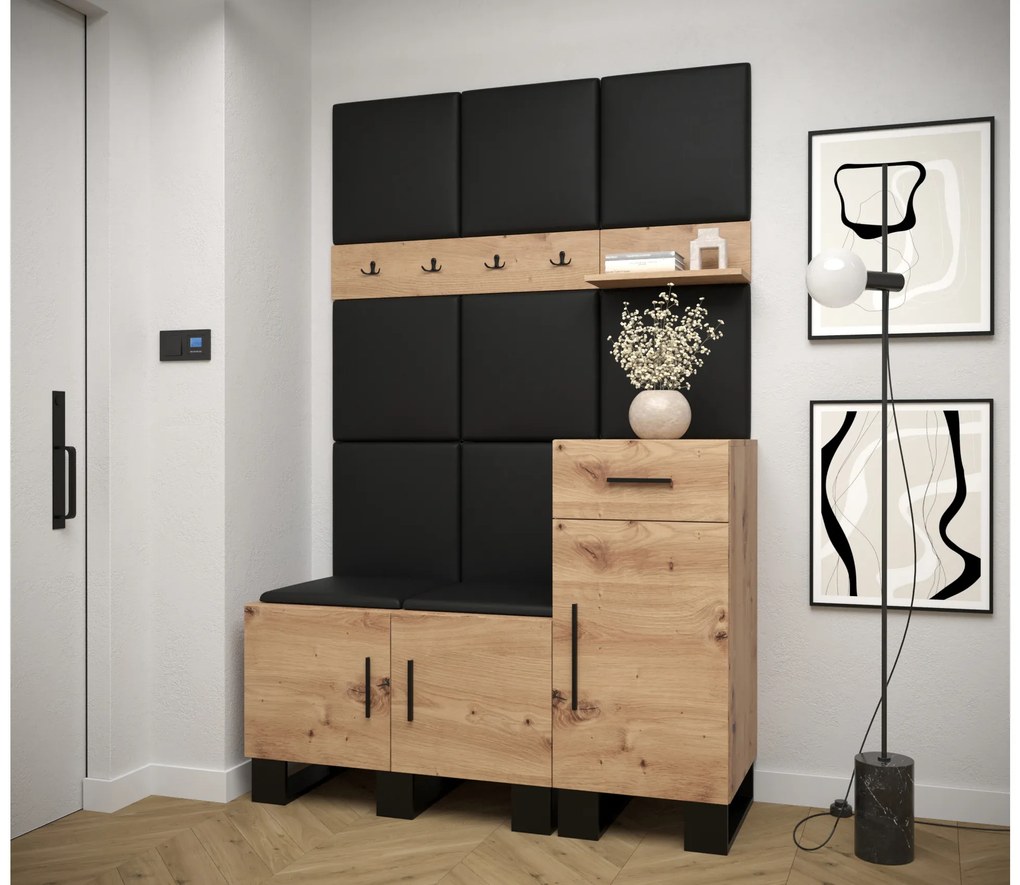 Set mobilier pentru hol Amanda 5 (Stejar artisan + piele ecologică Negru). 1085901