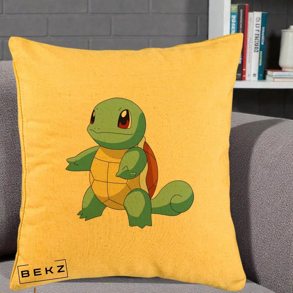 Perna Personalizata Squirtle Pokemon, 40x40 cm, Galben, Husa Detasabila, Perna Inclusa, BEKZ®
