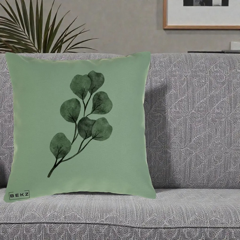 Perna Decorativa Ramura Eucalipt Acuarela, 40x40 cm, Verde, Husa Detasabila, Perna Inclusa, BEKZ®