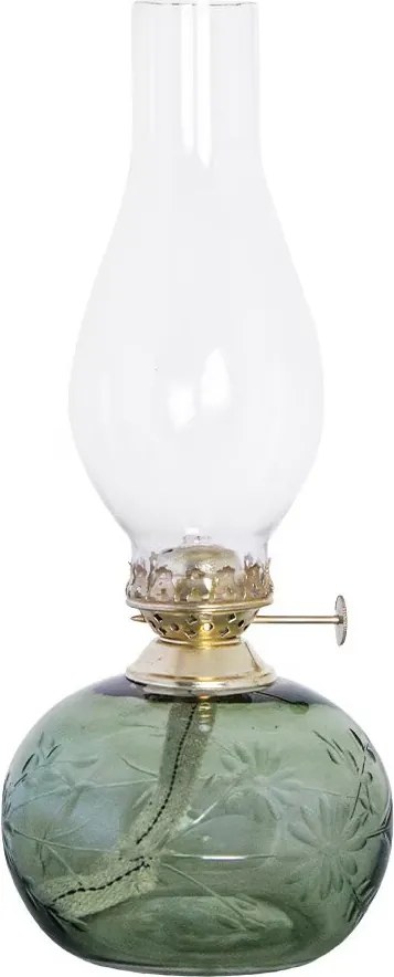 Lampă vintage cu petrol din sticlă verde smarald cu flori gravate și arzător alamă, „Kerosene Oval Flower"