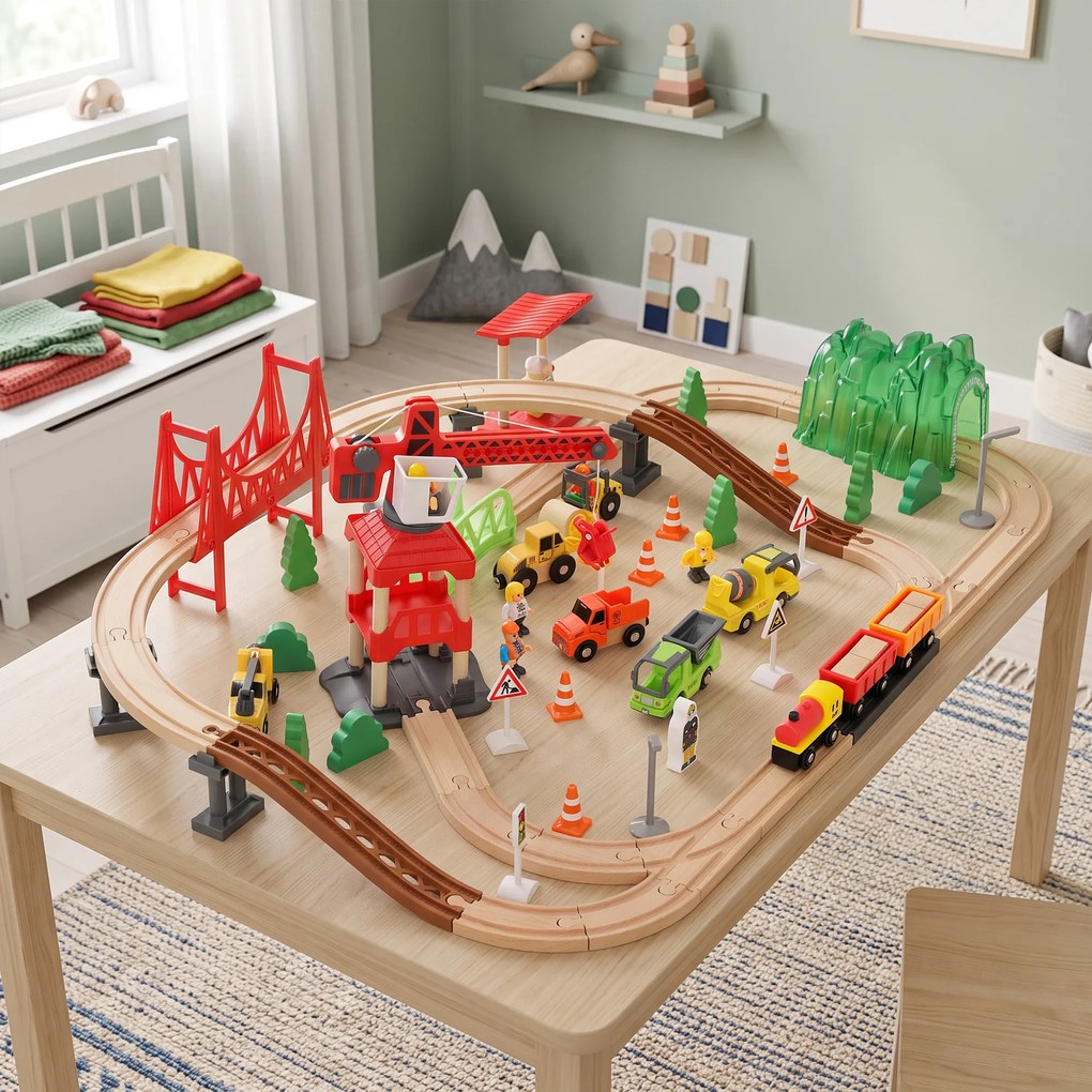 AIYAPLAY Trenuleț din lemn pentru copii 3+ ani, 91 piese, cu macara, șine, vehicule și figurine, multicolor | Aosom Romania